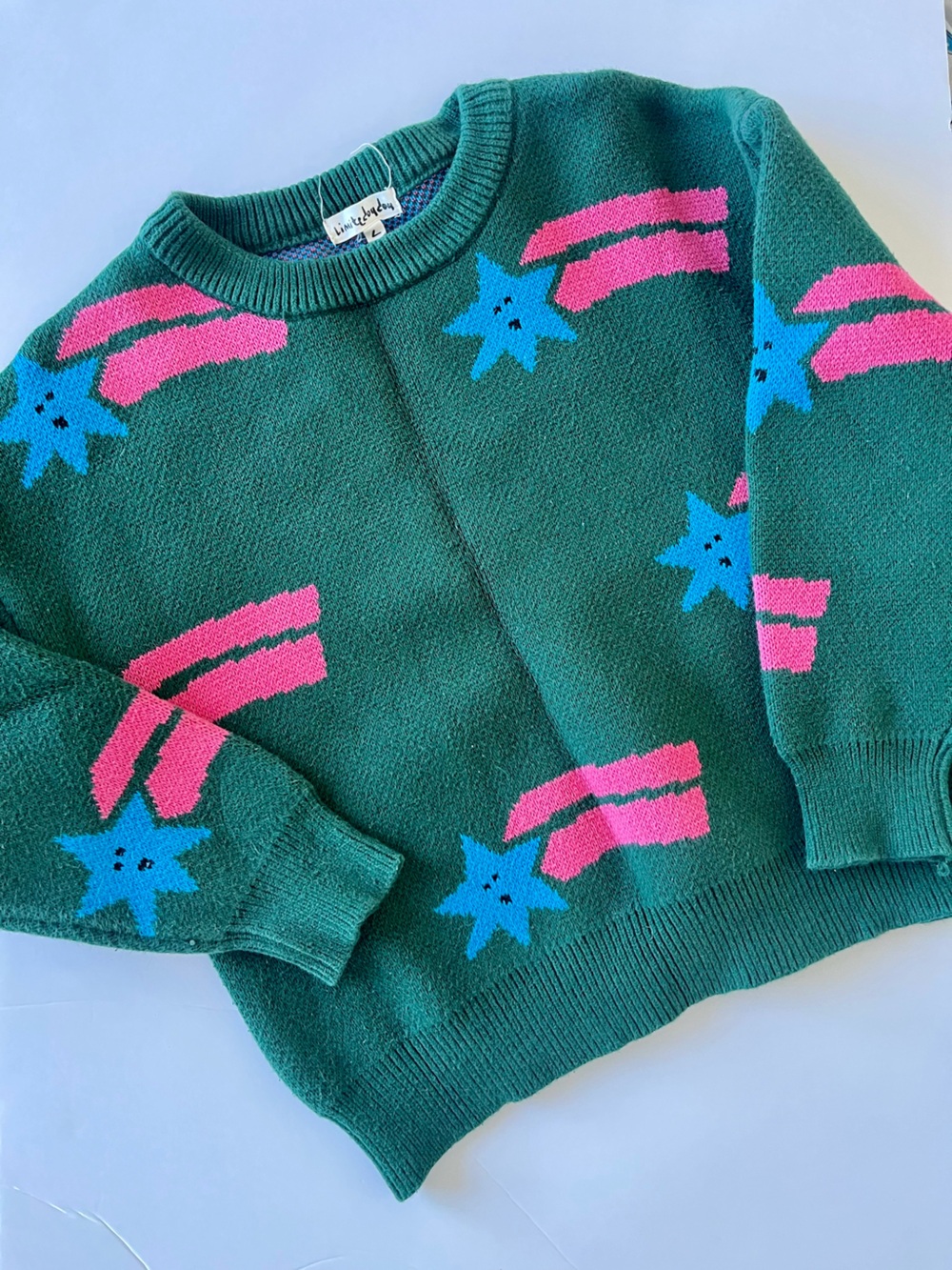 Shooting Star Limit Doudou Green and Pink Kids Coton Sweater